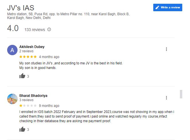 JV's IAS Coaching Google Reviews