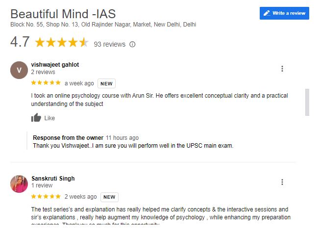 Beautiful IAS Coaching in Delhi Google Reviews