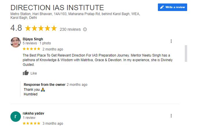 Direction IAS Coaching in Delhi Google Reviews