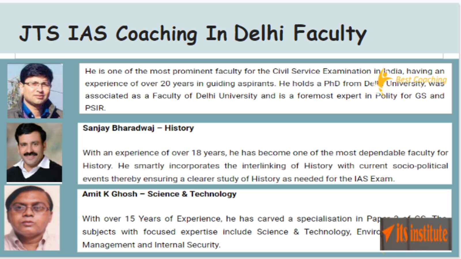 JTS IAS Coaching Institute in Delhi Faculty