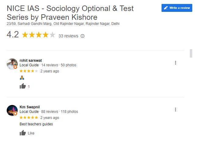 Nice IAS coaching in Delhi Google Reviews