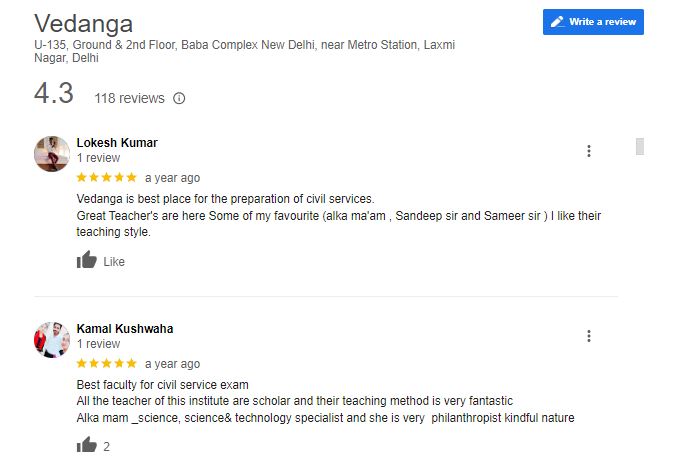 Vedanga IAS Coaching in Delhi Google Review