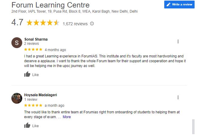 Forum IAS coaching in Delhi Google Review