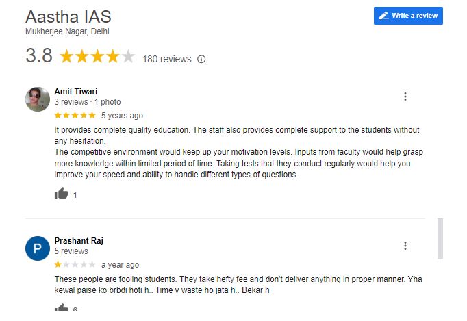 Aastha IAS Coaching in Delhi Google Review