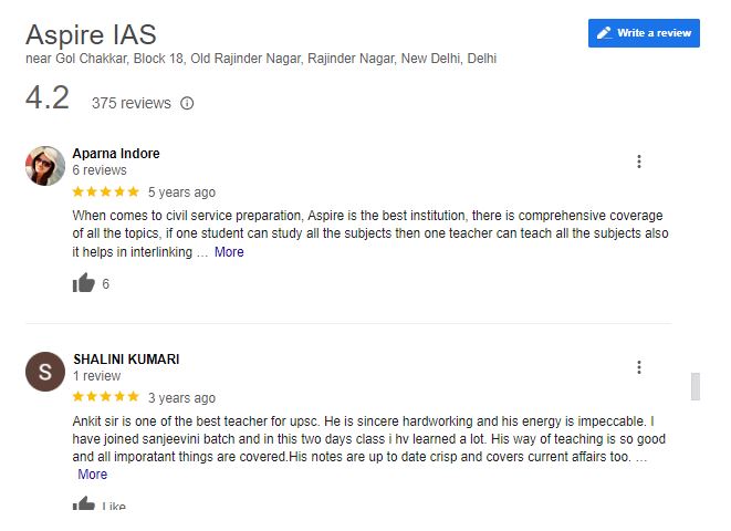 Aspire IAS Coaching Google Review