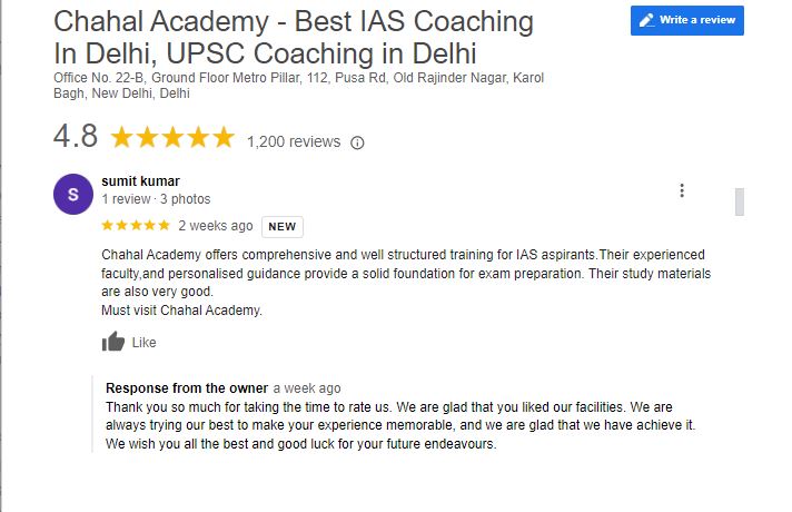 Chahal Academy IAS Coaching in Delhi Google Reviews