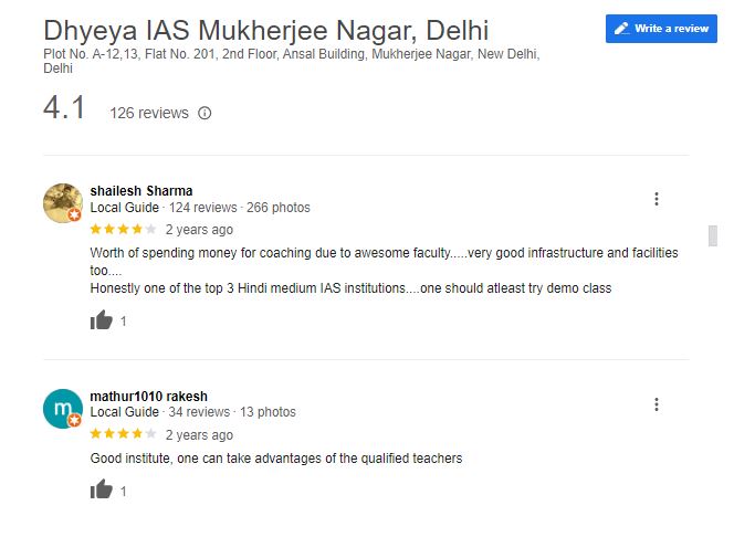 Dheya IAS coaching in Delhi Google Reviews