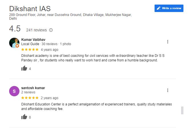 Dikshant IAS Coaching in Delhi Google Reviews