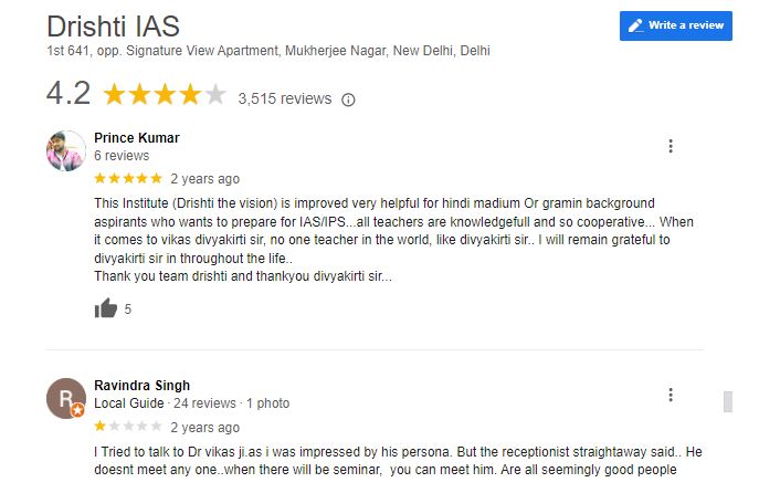 Drishti IAS Coaching in Delhi Google Review