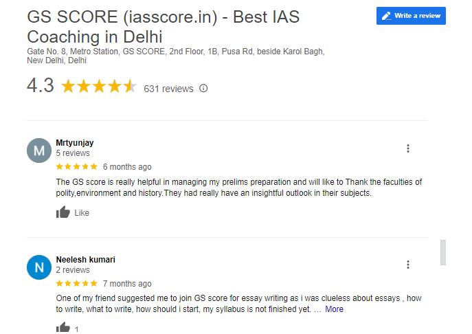 GS Score IAS Coaching in Delhi Reviews