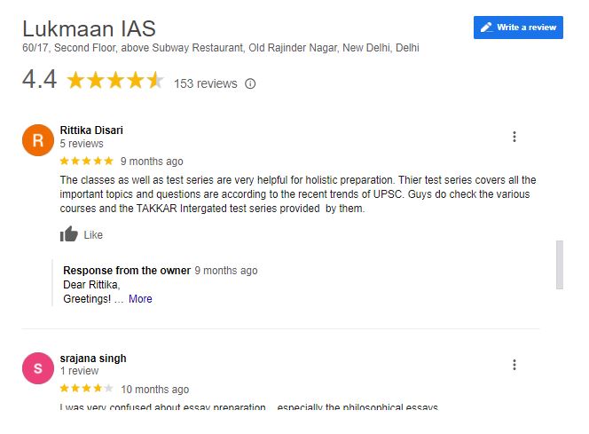 Lukmaan IAS coaching in delhi Google Review