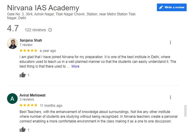 Nirvana IAS Coaching in Delhi Google Review