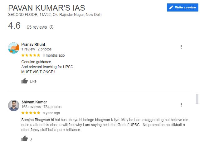 Pawan Kumar's IAS coaching Google Reviews