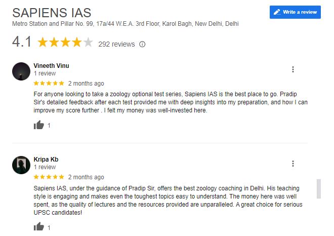 Sapiens IAS Coaching in Delhi Google Review