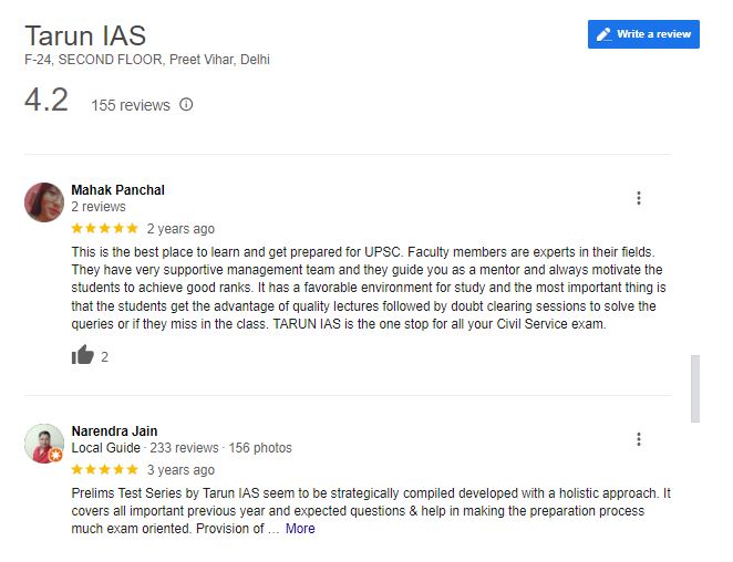 Tarun IAS Coaching Google Reviews