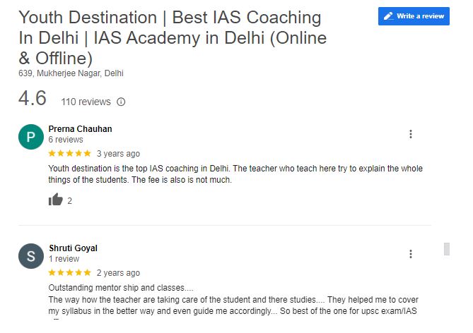 Youth Destination IAS coaching in Delhi Google Review