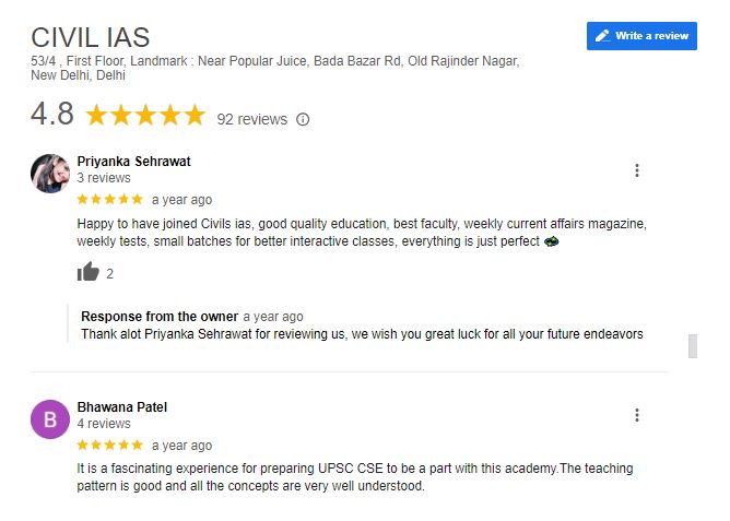 Civil IAS coaching in Delhi Google Reviews