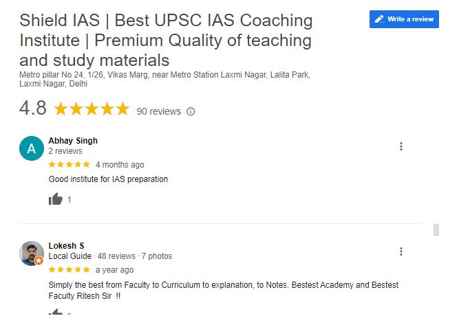 Shield IAS Coaching in Delhi Google Reviews