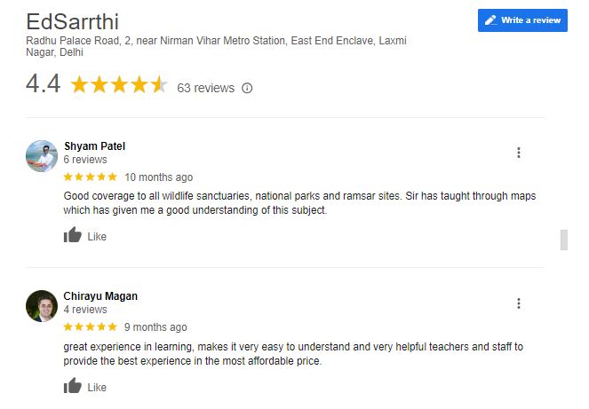 EdSarrthi IAS Coaching in Delhi Google Review