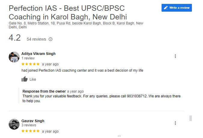 Perfection IAS Coaching in Delhi Google Review