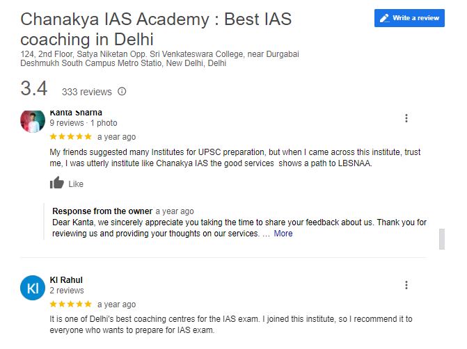 Chanakya IAS coaching Google Reviews