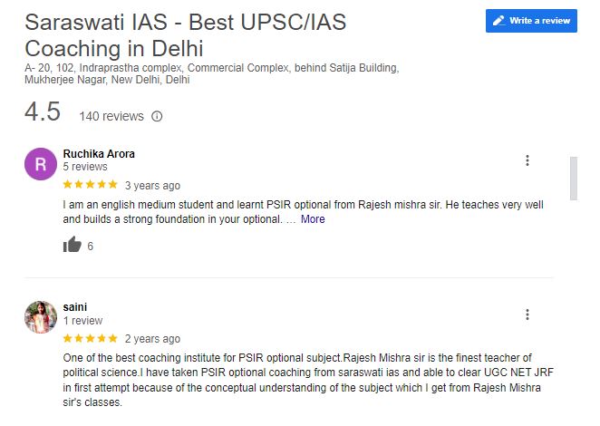 Saraswati IAS Coaching in Delhi Google Review