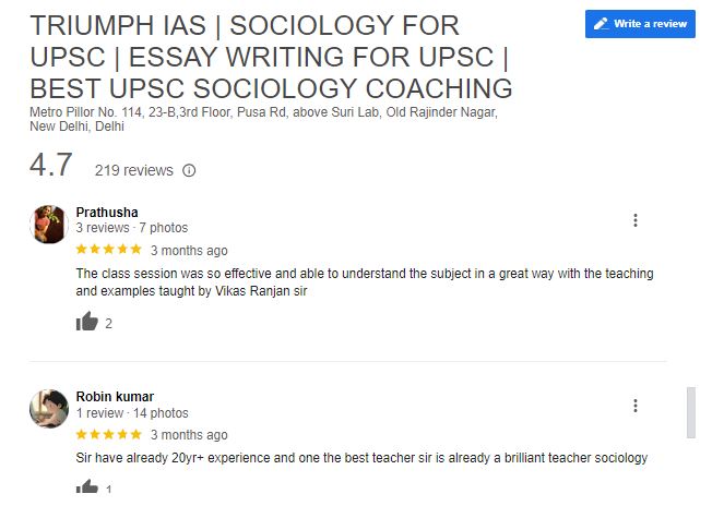 Triumph IAS Coaching in Delhi Google Reviews