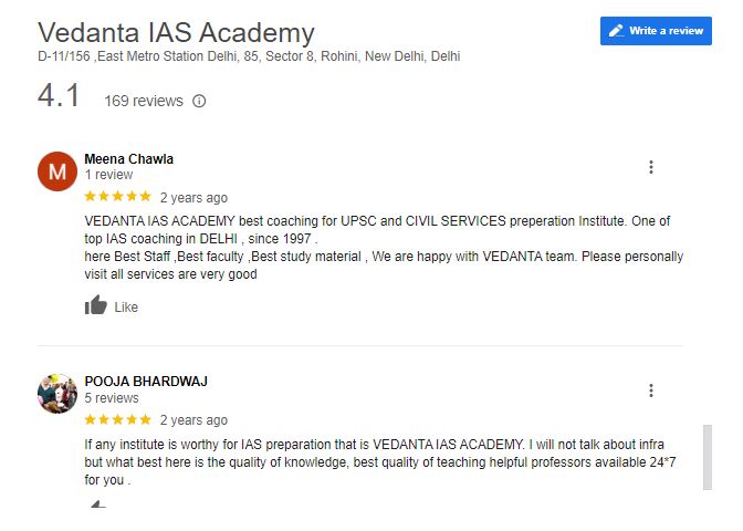 Vedanta IAS Academy in Delhi Google Review