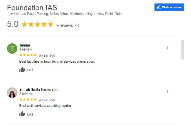 Foundation IAS coaching in Delhi Google Reviews