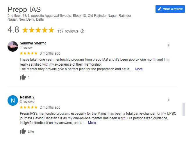 Prepp IAS coaching in Delhi Google Review