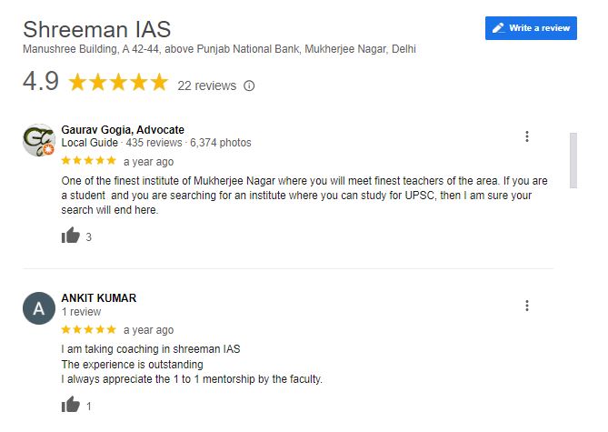 Shreeman IAS Coaching in Delhi Google Reviews