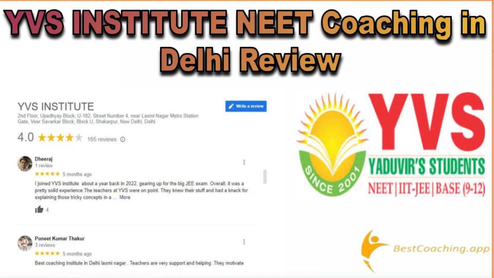 YVS INSTITUTE NEET Coaching in Delhi Review